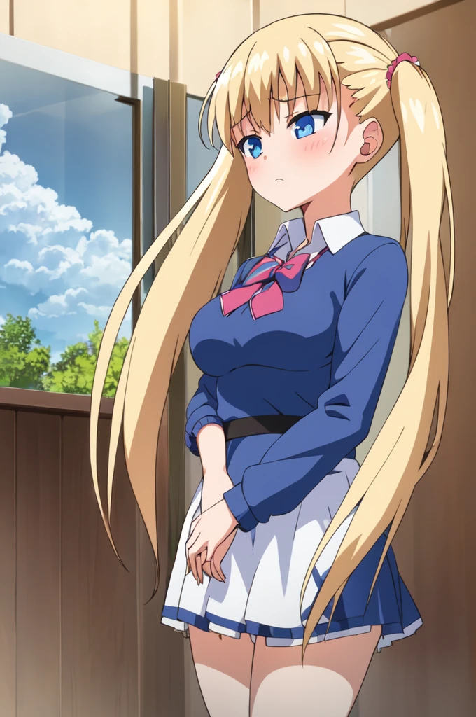 1girl, blonde_hair, blue_eyes, blue_sky, blush, breasts, bush, cloud, cloudy_sky, day, frown, hair_ornament, hair_scrunchie, long_hair, long_sleeves, looking_at_viewer, medium_breasts, outdoors, scrunchie, shirt, sky, solo, tree, twintails, upper_body, window
anime, hdr, soft light,bdsm, ((best quality)), ((masterpiece)), (detailed),
