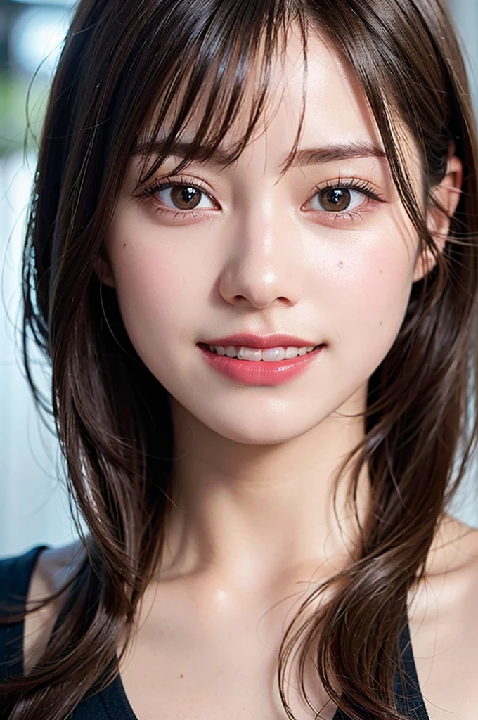 (8K, Raw photo:1.2), Detailed face and eyes, highest quality, masterpiece, ultra-high resolution, (realistic:1.4), very detailed, professional lighting, black hair, toothy smile, View your audience, Soft cinematic light, Hyper-detailing, Sharp Focus