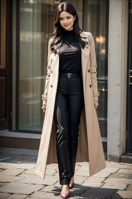 An Italian woman with long straight brown hair, dressed in a black blouse and couture trousers, and a pink coat, smiles while walking through the streets of London. realistic image, Full HD 4K