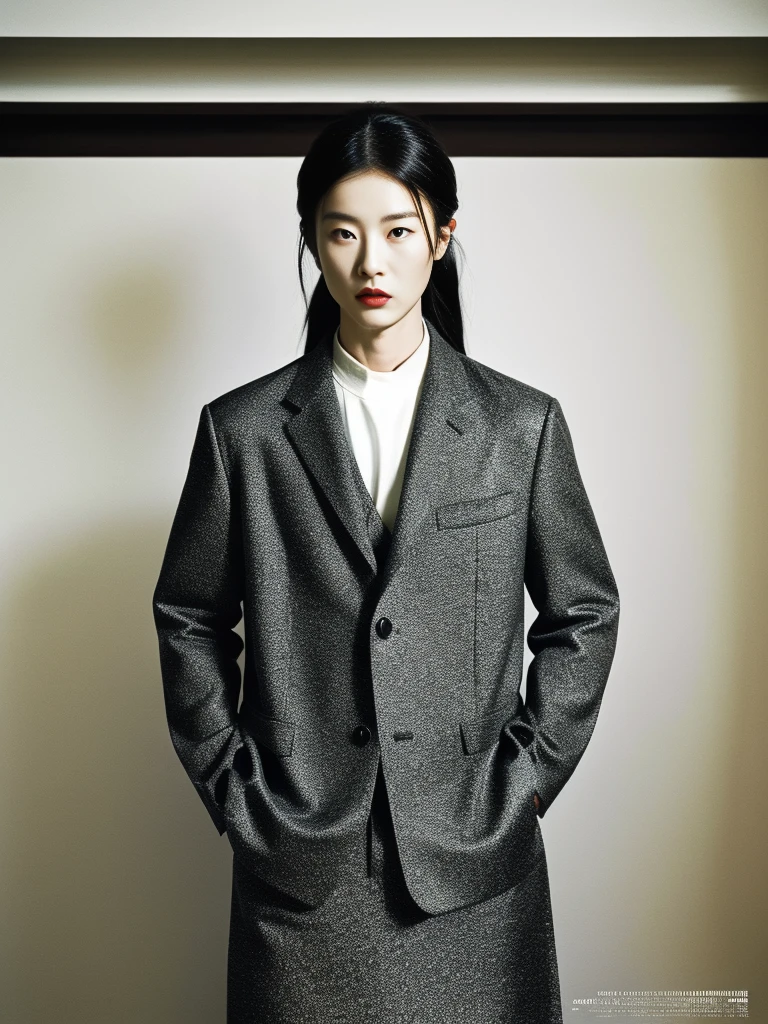 one person,fashion magazine,Vanishing Point,Black tones,Alien Planet,Elegant and fashionable clothing,Terracotta Warriors Minimalist Interior Design。