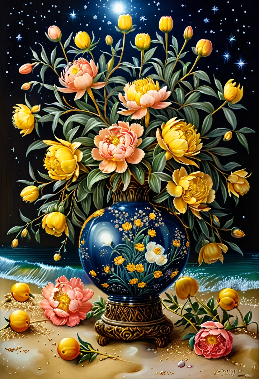 Macro photography, garlands of light bulbs, coral peonies in a huge yellow carved crystal vase on the sand, sea, moonlight, starry sky, fantastic, lush, elegant, filigree, professional photo of the highest quality, 94k, 5d, high resolution, clean background, high detail , hyper-realism, image clarity, ISO 100, resolution 2040, f/13
