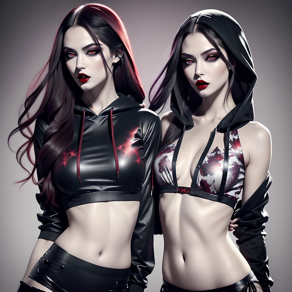 Create a hauntingly beautiful rebellious vampire girl with pale grey skin and deep red lips showing (2 vampire incisor fangs pressed against her bottom lip) wearing modern urban clothing (hoodie(plain, no print:1.5), crop-topshirt(plain, no print:1.5), hip-hop style). Envision her with the elegance reminiscent of a modern-day masterpiece, embodying both allure and strength. Picture her as a blend of a vampire with mesmerizing red eyes and (2 sharp fangs protruding from her mouth and pressing against her bottom lip), akin to the allure of the night. Adorned in modern casual clothing, she emanates an aura of mysterious power. Her figure should dominate the artwork, depicted in a captivating stance as she locks eyes with the viewer, her crimson aura intertwining with the shadows that envelop her. Let her essence be defined by the ethereal fluidity of darkness, each detail meticulously crafted to convey the majesty of her vampiric prowess. Absurd resolution, top quality, and high detail are essential to capture the essence of this mesmerizing scene, 8K, full face:1.5, vibrant, powerful, (captivating eyes:1.2), captivating gaze, long hair, 1girl, (half body:1.3), insane details, (half-body:1.3), sexy, Realistic, RAW photo,(masterpiece:1.3), (best quality:1.3), official art, Super Detailed, High Detail, Soft Lighting, 8K, High Resolution, High Detail Skin, Perfect Skin, RAM Photo, Real Photo, cameltoe, sitting with legs spread, longing gazing hungry sexy facial expression, arms behind back, hands not visible