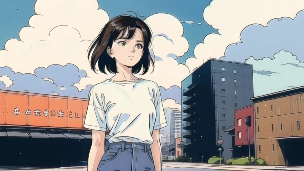 ((1980s_style)), naked, One girl, Upper Body, Black Short Hair, good, Denim shorts, Are standing, (Outdoor, Cityscape, building, street, blue sky, cloud), (Cowboy Shot),(masterpiece, high quality, 最high quality), (colorful),(Delicate eyes and face), Volumetric Light, Ray Tracing, Highly detailed CG Unity 8k wallpaper, alone.