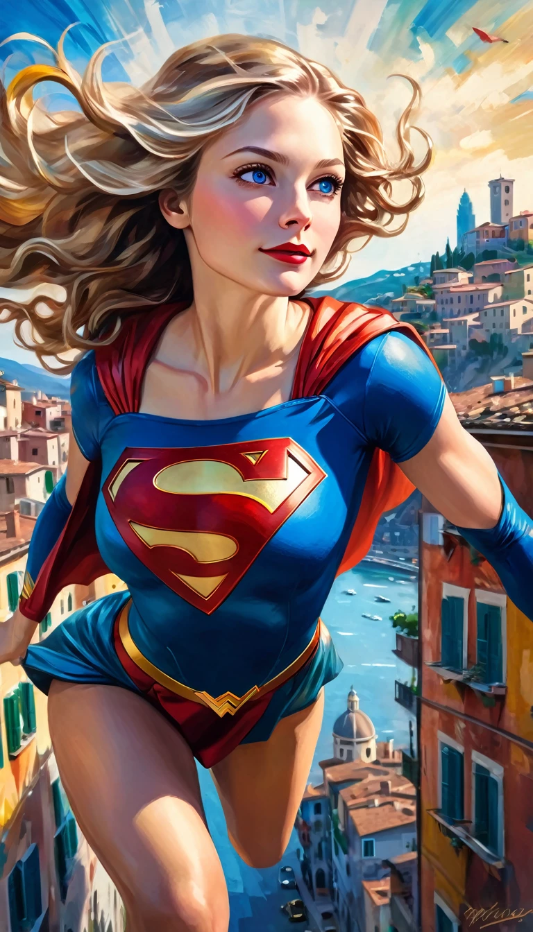 a beautiful supergirl flying over a picturesque italian city, oil painting, high detailed face, long wavy hair, dynamic pose, blue sky, cityscape with colorful buildings, vintage style, rich colors, dramatic lighting, impressionistic brushstrokes, masterpiece, ultra-detailed, 8k, hyperrealistic