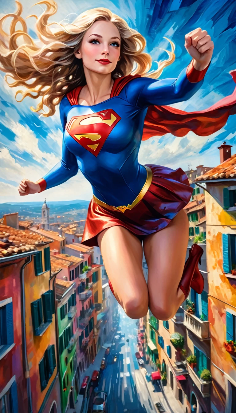 a beautiful supergirl flying over a picturesque italian city, oil painting, high detailed face, long wavy hair, dynamic pose, blue sky, cityscape with colorful buildings, vintage style, rich colors, dramatic lighting, impressionistic brushstrokes, masterpiece, ultra-detailed, 8k, hyperrealistic