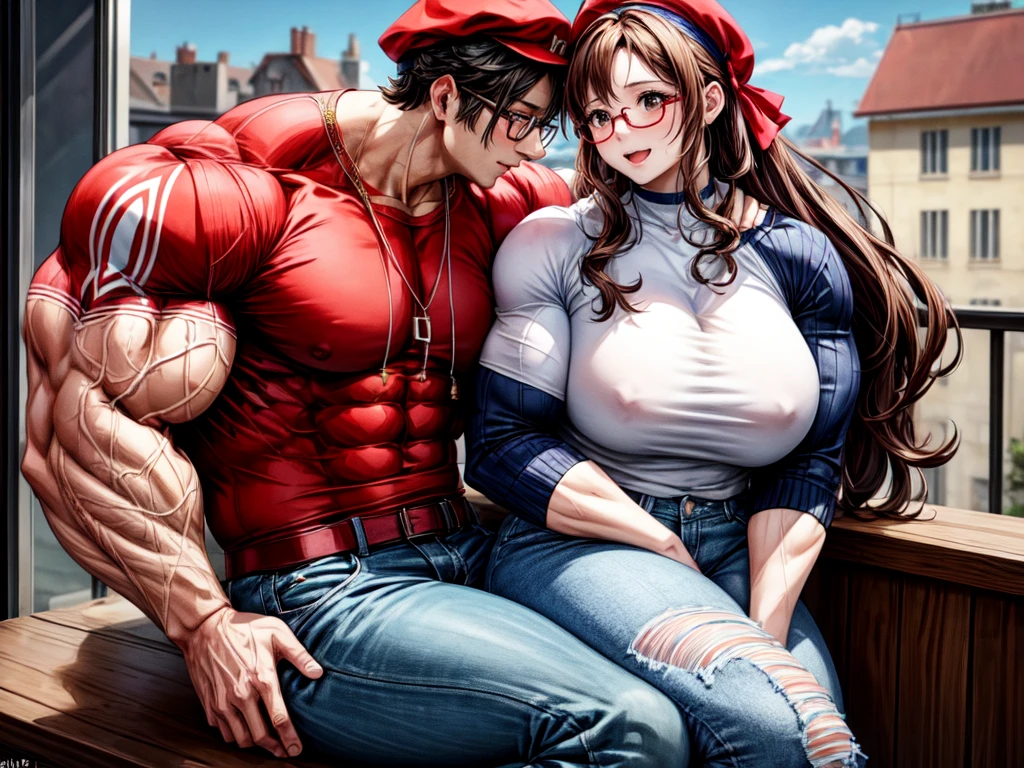 (masterpiece, best quality:1.2), A couple , boy Nino Lahiffe: Brown skin, dark hair, usually seen wearing a red cap, glasses, and casual clothing like a T-shirt and jeans, and a girl Alya Césaire: Brown skin, curly dark brown hair, often wears glasses, and typically seen in stylish, casual outfits. A casual day out with both characters in their everyday attire,Sharing a tender moment, like sitting on a rooftop overlooking Paris..(girl and boy:1), smiling, ((high resolution illustration)), ((extremely detailed)), (couple), Alya, Nino, Nino X Alya, (best quality,4k,8k,highres,masterpiece:1.2), ultra-detailed, realistic:1.37, HDR, studio lighting, extreme detail description, nino wearing a red cap, professional, vibrant colors, bokeh, ((muscular female bodybuilder)), detailed lips, strong embrace, romantic scene, intimate moment, intense passion, athletic bodies, fitness couple, gym background, muscular definition, sculpted muscles, sweat glistening,muscular