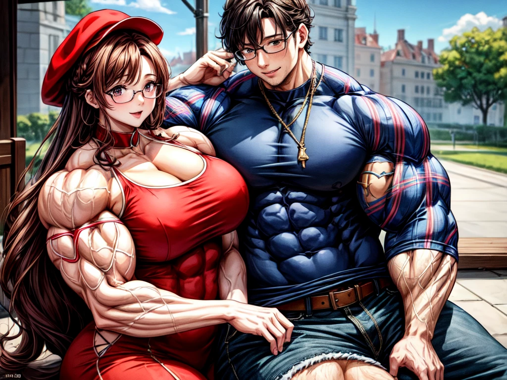 (masterpiece, best quality:1.2), A couple , boy Nino Lahiffe: Brown skin, dark hair, usually seen wearing a red cap, glasses, and casual clothing like a T-shirt and jeans, and a girl Alya Césaire: Brown skin, curly dark brown hair, often wears glasses, and typically seen in stylish, casual outfits. A casual day out with both characters in their everyday attire,Sharing a tender moment, like sitting on a rooftop overlooking Paris..(girl and boy:1), smiling, ((high resolution illustration)), ((extremely detailed)), (couple), Alya, Nino, Nino X Alya, (best quality,4k,8k,highres,masterpiece:1.2), ultra-detailed, realistic:1.37, HDR, studio lighting, extreme detail description, nino wearing a red cap, professional, vibrant colors, bokeh, ((muscular female bodybuilder)), detailed lips, strong embrace, romantic scene, intimate moment, intense passion, athletic bodies, fitness couple, gym background, muscular definition, sculpted muscles, sweat glistening,muscular