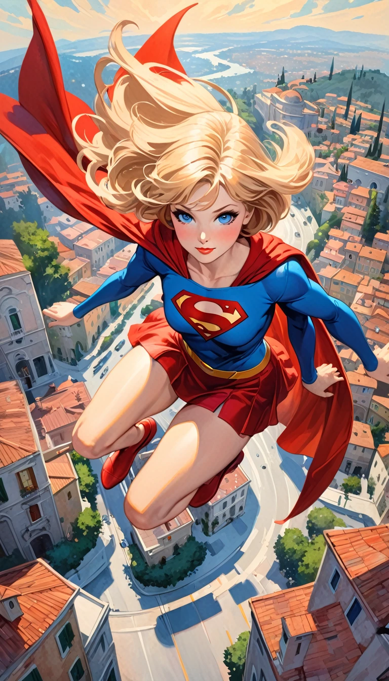 view from above supergirl character, flying over a nice Italian city (art inspired in Bill Sienkiewicz). oil painting)
