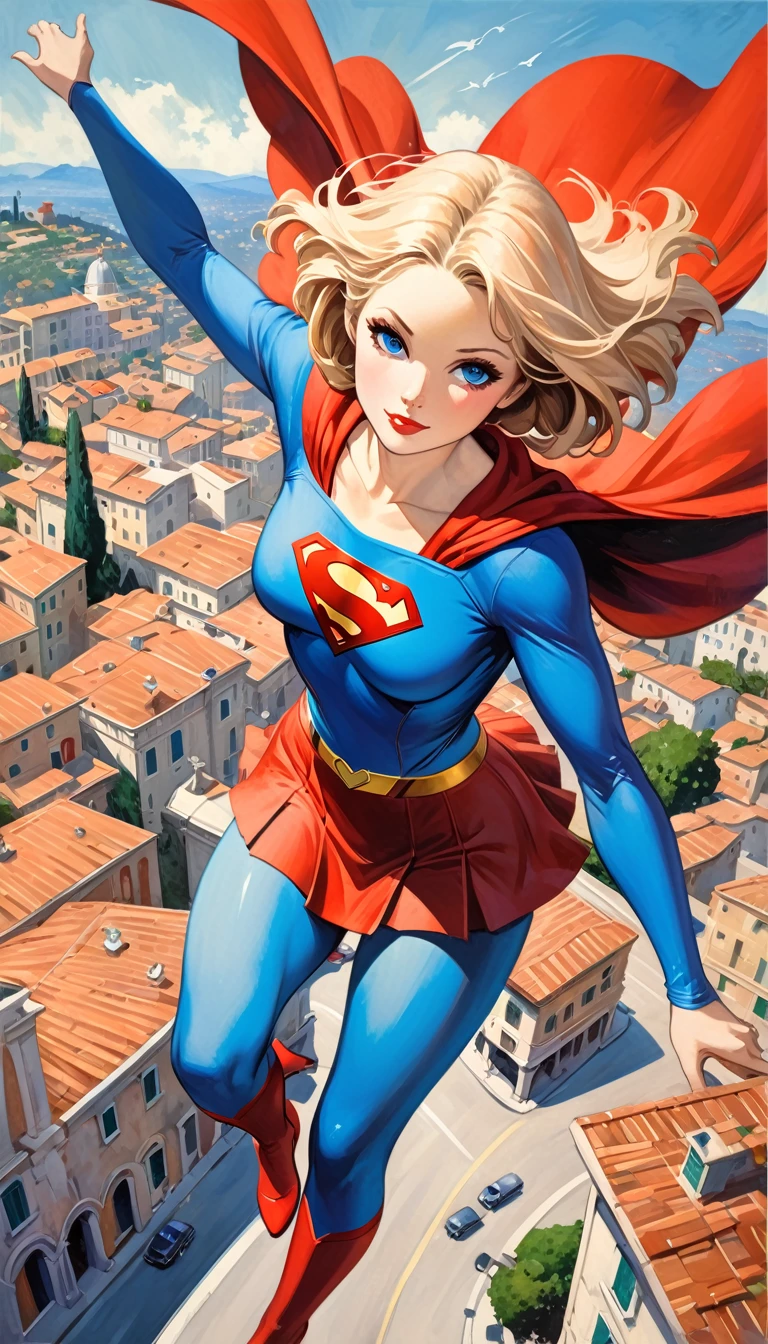 view from above supergirl character, flying over a nice Italian city (art inspired in Bill Sienkiewicz). oil painting)