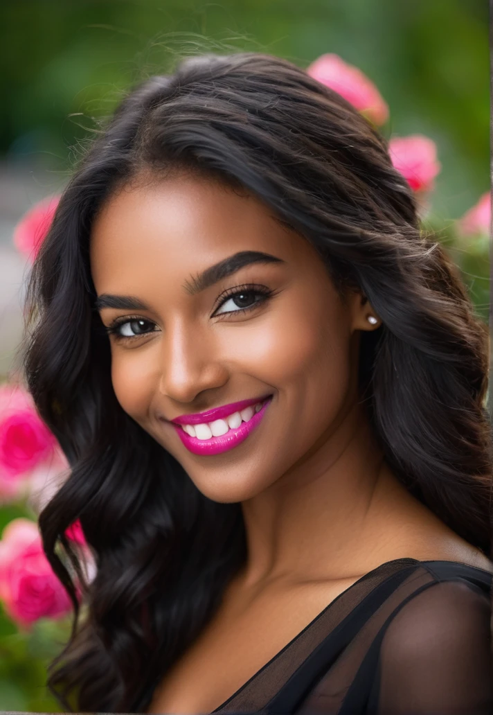 Femme métissé noir de 25 ans souriant ,regardant l'objectif de la camera , en souriant légèrement, avec une belle bouche et des levres rose