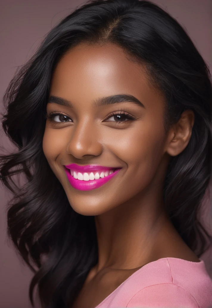 Femme métissé noir de 25 ans souriant ,regardant l'objectif de la camera , en souriant légèrement,  avec une belle bouche et des levres rose
