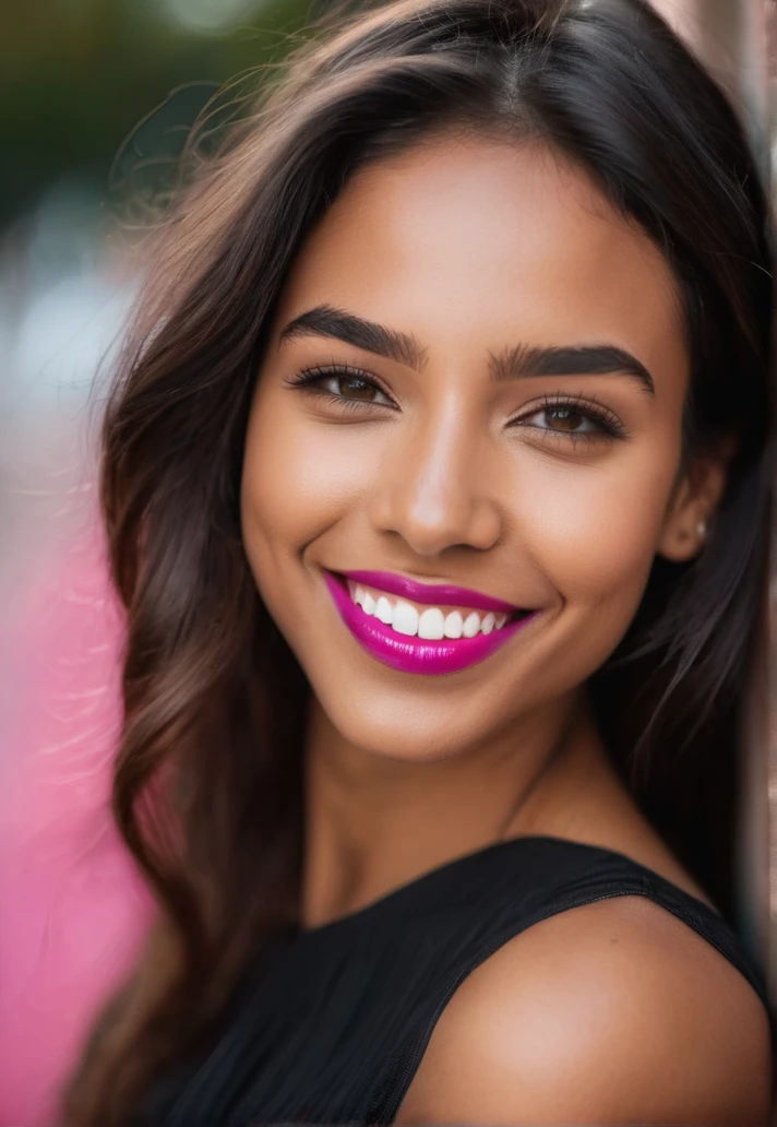 Femme métissé noir de 25 ans souriant ,regardant l'objectif de la camera , en souriant légèrement,  avec une belle bouche et des levres rose