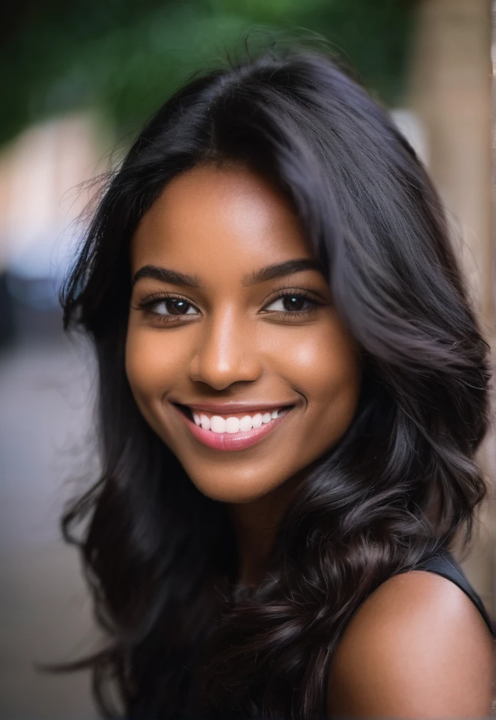 Femme métissé noir de 25 ans souriant ,regardant l'objectif de la camera , en souriant légèrement,  avec une belle bouche et des levres rose