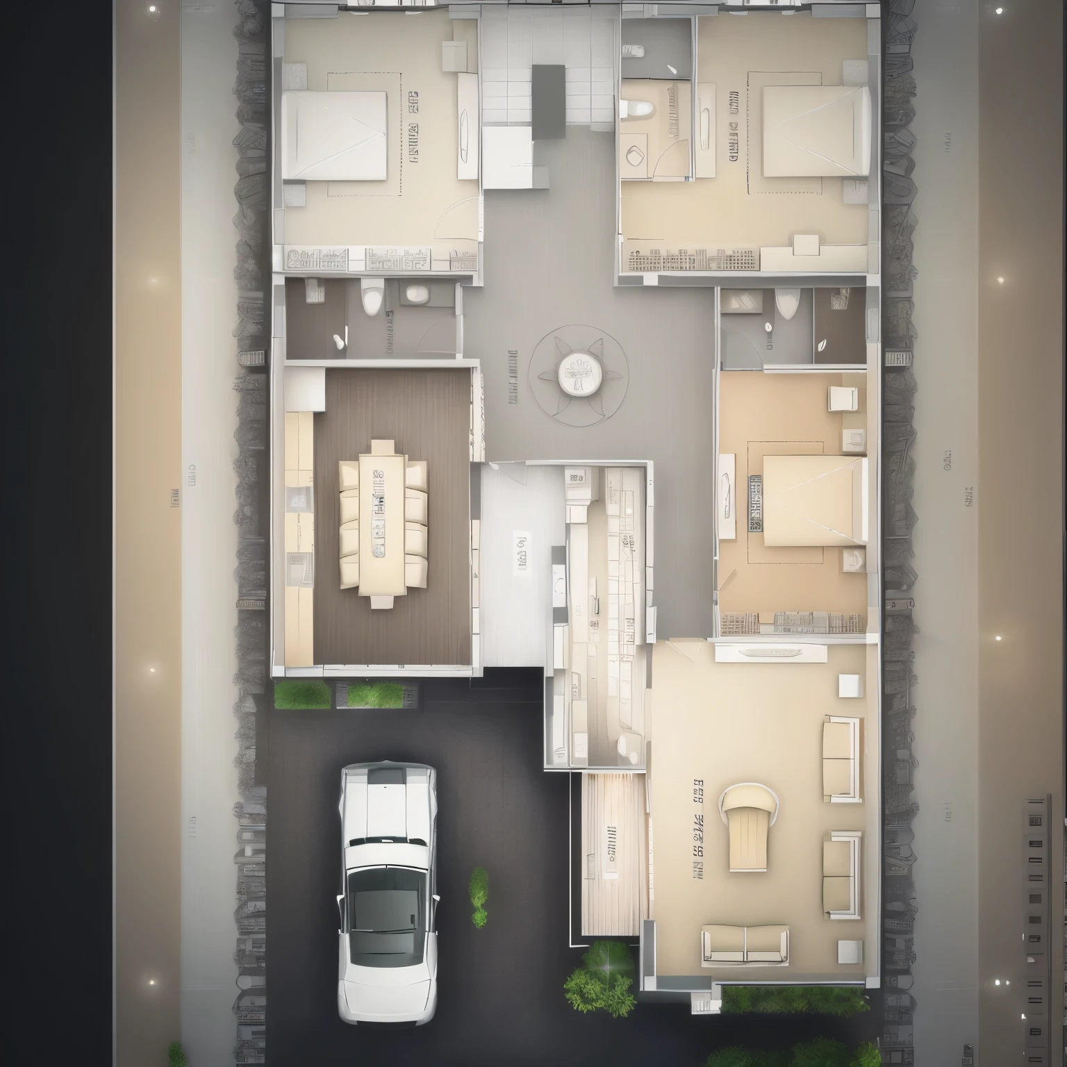 a drawing of a house with a garage and a living room, floor plan, floor plan view, plan drawing, single floor, architectural plan, overhead ground floor, layout design, building plans, layout, architectural planning, residential design, plan, ground level view, 2 d overhead view, hight resolution, cad, black and white scheme, architectural plans, top - view