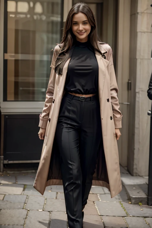 An Italian woman with long straight brown hair, dressed in a black blouse and couture trousers, and a pink coat, smiles while walking through the streets of London. realistic image, Full HD 4K