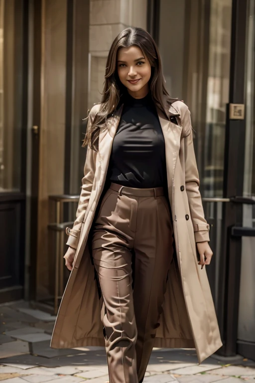 An Italian woman with long straight brown hair, dressed in a black blouse and couture trousers, and a pink coat, smiles while walking through the streets of London. realistic image, Full HD 4K