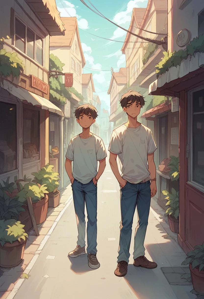 There is a boy in tshirt and jeans standing in a Indian village street.