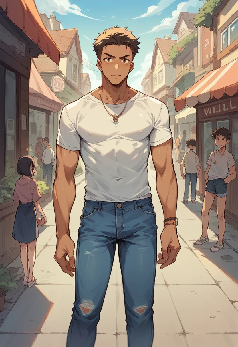 There is a boy in tshirt and jeans standing in a Indian village street.