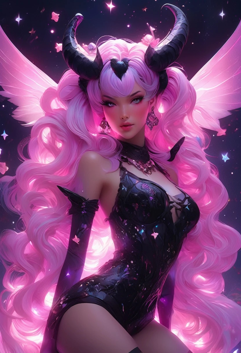 This artwork portrays a strikingly vibrant and ethereal character, blending elements of fantasy and cyberpunk aesthetics. The character is a female succubus, depicted with a mix of celestial and gothic features.
Character Details:
Appearance:The succubus has long, flowing pink hair styled into twin buns with loose strands cascading down. Her large, expressive eyes are glowing with a captivating, sparkling light, giving her an otherworldly allure.
Outfit: She is adorned in a provocative, black lingerie set embellished with glittering decorations and heart motifs. The lingerie is accentuated with garters and thigh-high stockings, all detailed with sparkling accents.
Accessories: The character wears a choker with a heart pendant, matching earrings, and numerous rings on her fingers. Her nails are painted in the same vibrant pink, adding to the cohesive color scheme.
-Wings:Her large, black wings are adorned with sparkling stars, giving them a cosmic appearance. The wings are spread out, showcasing their full span and intricate detailing.
Background: The background is a dark, starry night sky with glowing heart-shaped lights and ethereal clouds in shades of pink and purple. The overall ambiance is dreamy and surreal, complementing the character's fantastical nature.
Color Scheme: Predominantly black and pink, with splashes of purple and white highlights. The lighting is neon and vibrant, with a strong emphasis on glowing effects and sparkles.
Pose and Expression:
The succubus stands confidently with a playful and slightly surprised expression, her hands delicately resting near her chest.
Her body language exudes both innocence and allure, creating a captivating contrast.
Additional Elements:Small heart shapes and sparkles are scattered throughout the image, enhancing the magical and whimsical feel. Subtle hints of a rainbow spectrum add a touch of diversity to the color palette.