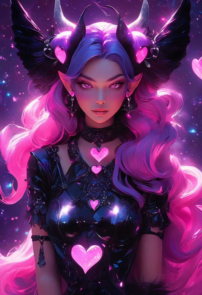 This artwork portrays a strikingly vibrant and ethereal character, blending elements of fantasy and cyberpunk aesthetics. The character is a female succubus, depicted with a mix of celestial and gothic features.
Character Details:
Appearance:The succubus has long, flowing pink hair styled into twin buns with loose strands cascading down. Her large, expressive eyes are glowing with a captivating, sparkling light, giving her an otherworldly allure.
Outfit: She is adorned in a provocative, black lingerie set embellished with glittering decorations and heart motifs. The lingerie is accentuated with garters and thigh-high stockings, all detailed with sparkling accents.
Accessories: The character wears a choker with a heart pendant, matching earrings, and numerous rings on her fingers. Her nails are painted in the same vibrant pink, adding to the cohesive color scheme.
-Wings:Her large, black wings are adorned with sparkling stars, giving them a cosmic appearance. The wings are spread out, showcasing their full span and intricate detailing.
Background: The background is a dark, starry night sky with glowing heart-shaped lights and ethereal clouds in shades of pink and purple. The overall ambiance is dreamy and surreal, complementing the character's fantastical nature.

Color Scheme: Predominantly black and pink, with splashes of purple and white highlights. The lighting is neon and vibrant, with a strong emphasis on glowing effects and sparkles.

Pose and Expression:
The succubus stands confidently with a playful and slightly surprised expression, her hands delicately resting near her chest.
Her body language exudes both innocence and allure, creating a captivating contrast.

Additional Elements:Small heart shapes and sparkles are scattered throughout the image, enhancing the magical and whimsical feel. Subtle hints of a rainbow spectrum add a touch of diversity to the color palette.