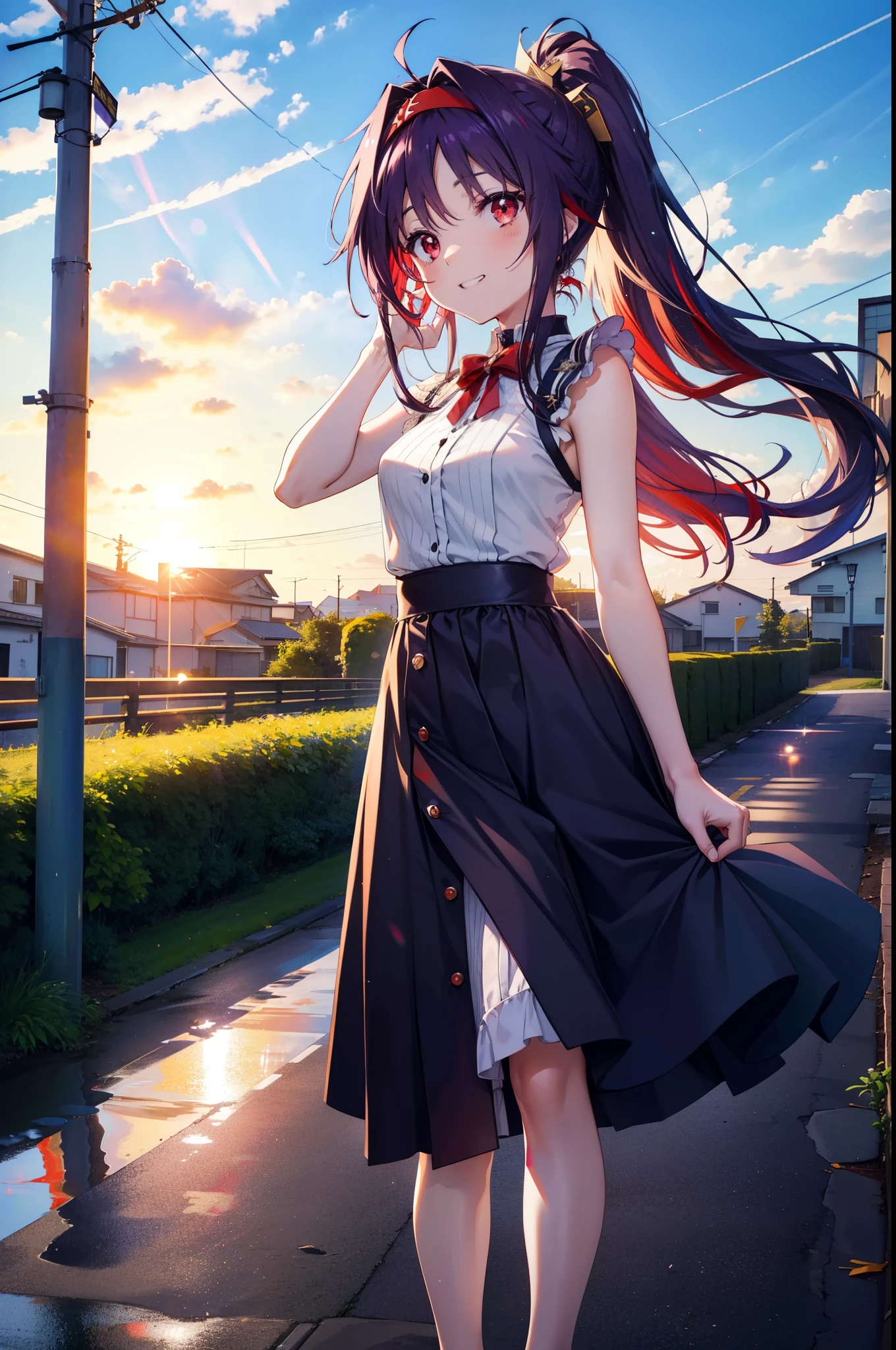 yuukikonno, Konno Yuuki, hair band, Long Hair, Pointed Ears, Purple Hair, (Red eyes:1.5), (Small breasts:1.2),Side Ponytail,smile,Grin,Purple sleeveless dress、Cute Sandals,Put your right hand on your hip,Push-type suitcase,Are standing,Daytime,whole bodyがイラストに入るように, 　　　　　break looking at viewer, whole body,  　　　　　　　　　　　　　　　　　　　break outdoors,countryside, Residential Street,In town,　　　　　　　　　　　　break (masterpiece:1.2), Highest quality, High resolution, unity 8k wallpaper, (figure:0.8), (Detailed and beautiful eyes:1.6), Highly detailed face, Perfect lighting, Extremely detailed CG, (Perfect hands, Perfect Anatomy),チックなmorning日,morning,Extreme light，　　　　　　　　　　
