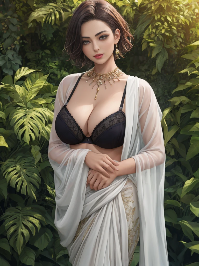 1 girl, age:18, outfit: black and white saree with bra instead of blouse, detailed face features, beautiful eyes, full lips, delicate skin, intricate jewelry, shimmering saree fabric, ornate golden border, standing in lush garden, warm afternoon sunlight, photorealistic, 8k, high resolution, realistic, cinematic lighting, masterpiece, hair style: very short hair with one side cut, hair colour: red