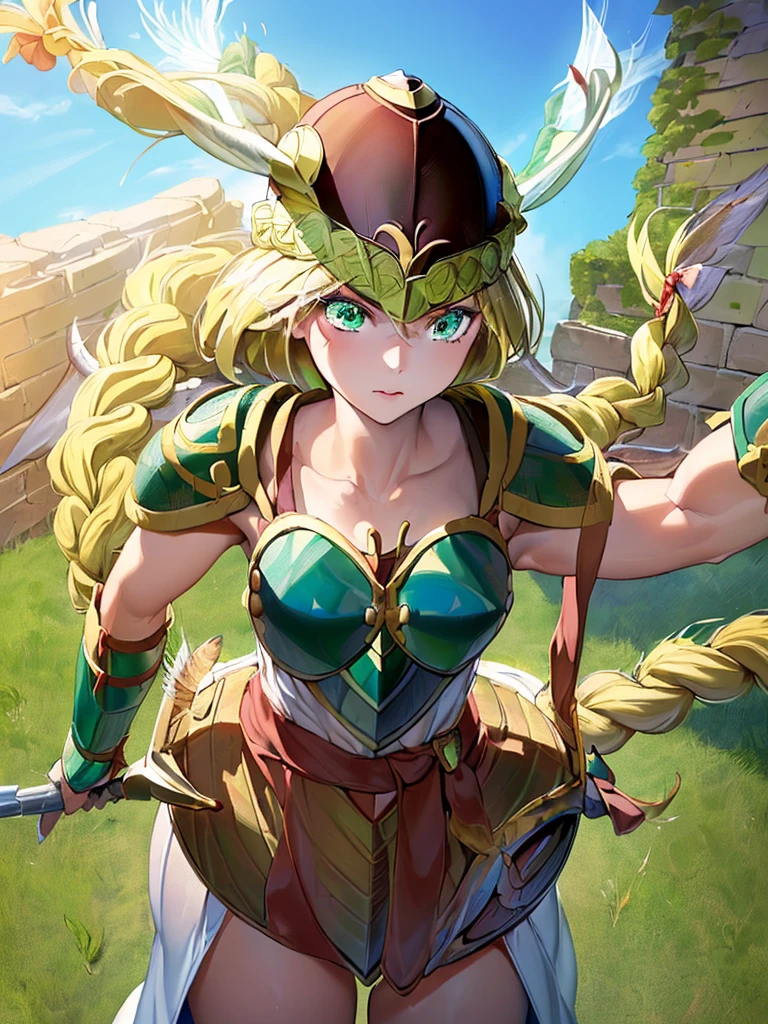 masterpiece,best quality, 1girl, 18yo, beautiful girl,BREAK,(Armor:1.8),(Helmet with wings:1.7),(Beautiful blonde,braid,Green Eyes:1.5),(blue sky:1.4),(She descends from the sky:1.3)