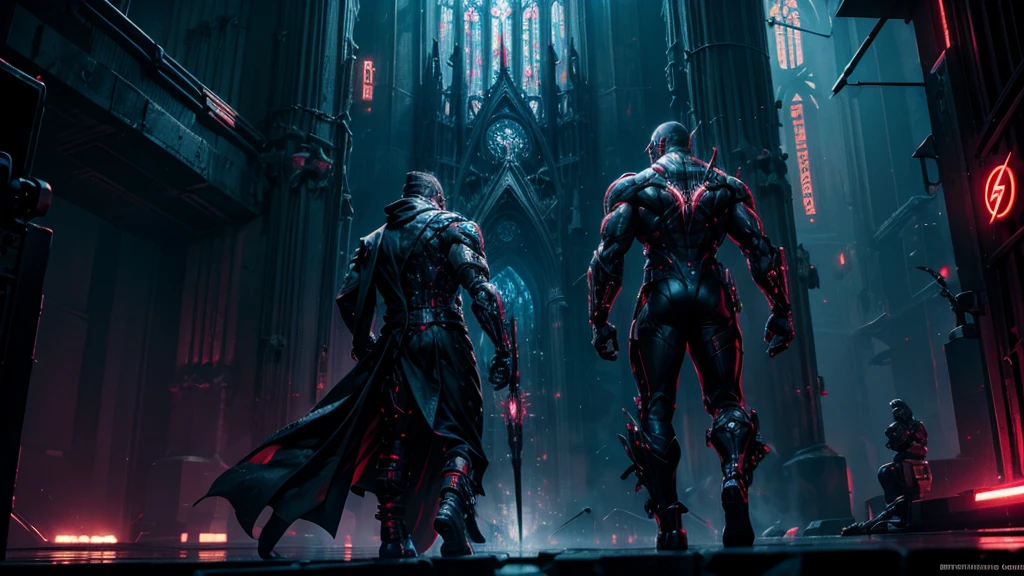Dark images of DC's Evil Flash with complex angular cybernetic implants inside a brutal building., Brutal Gothic Cathedral, cyberpunk, award-winning images, Bokeh, neon light, cybernetic limbs