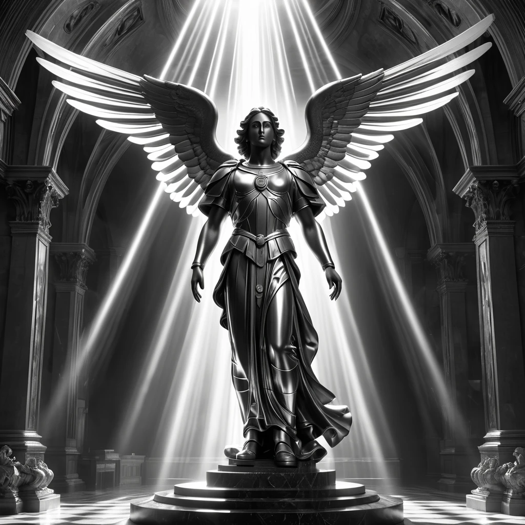 archangel, religious, surrealistic, thinking, Surrealism, Social realism, cinematic lighting, god rays, ray tracing, blending, multiple monochrome, masterpiece, high details, award winning, 8k, highres, best quality