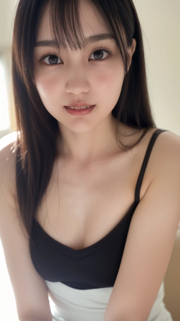 (((Like the picture、Focus on the eyes:1.1、Extremely detailed:1.22、Ultra-high resolution、masterpiece:1.45、Highest quality)))、((((Body whole body expression:1.68、camisole、Leaning forward、smile))))、long, straight black hair、So that every single hair is clearly visible、The subtle color changes of hair depending on how the light hits it、 Skin has a natural glow、Fine skin texture、Representing the fine details of pores:1.25、Details of the light redness on the forehead and cheeks、(((Eyes with fine iris details、The eyes depict color gradations and patterns.、Long, natural-looking eyelashes, each and every one visible、Well-groomed eyebrows、眉毛のindivual々The hair is clearly visible、Light reflecting off into the eye、The light in the eyes creates small highlights)))、The nose is delicate、Fine detail on the nostrils、Lips are plump and naturally pink、Depicts the fine lines and soft curves of the lips、lips are shiny and、The gloss on your lips accentuates their shape.、(((Detailed depiction of lip texture、Particular attention to the depiction of light and shadow、Soft natural light gently illuminates the face from the front、A faint glow on the forehead、A slight shine on the nose、A slight glow on the cheeks、Shadows are cast softly along the contours of the face、Accentuate the sides of your cheekbones、Accentuate the sides of the jawline、Emphasize the sides of the nose、The gloss on her lips reflects the light faintly、Lips emphasize the plump texture、The shadow of the hair gives depth and dimension、indivual々The hair shines in the light、The background is simple and blurred.、Focus on the face 