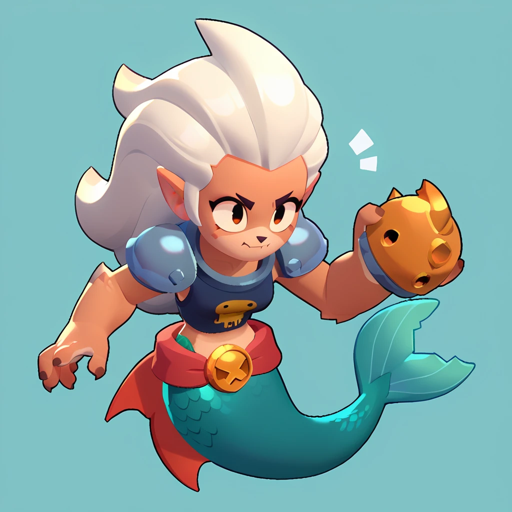 full body view of a furry mermaid, furry animal, female, long hair, red and white color, having steel shoulder pads, brawl, brawl stars