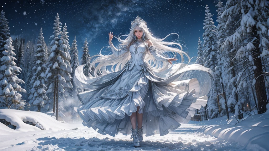 The best texture, High quality, Ultra HD, 8K, full body photo, panoramic shot, snow, flying snowflakes, dancing in the snow, girl, Filled with silver jewelry, Meow clothes, silver phoenix crown, watermelon seed face, ใบหน้าที่มีHighly detailed, blue eyes, Long eyebrows, white skin, long silver hair, Long, flowing hair, Rise with the wind, snowflake colorful gifts, realistic, very detailed, Highly detailed, extra clear,
