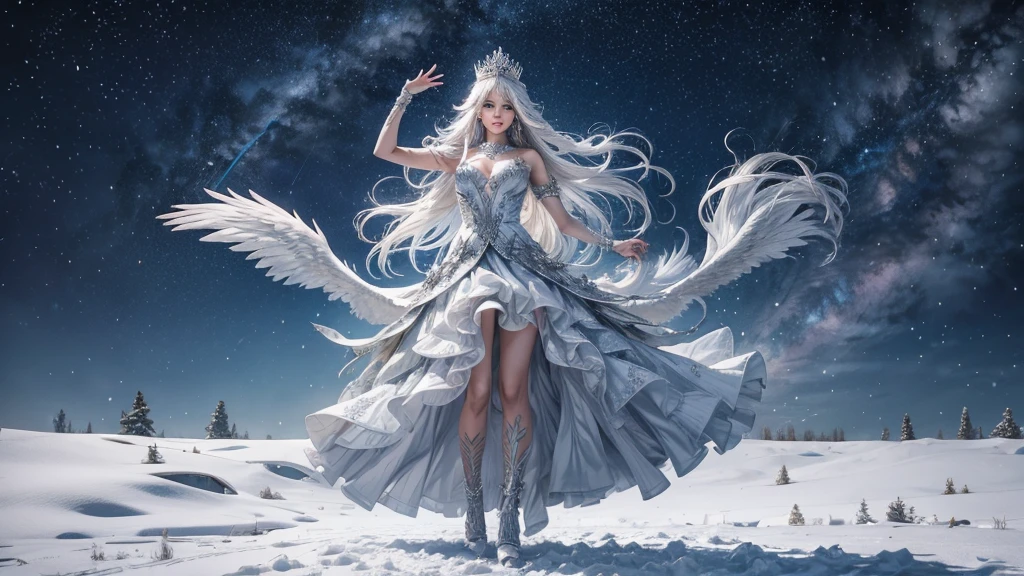 The best texture, High quality, Ultra HD, 8K, full body photo, panoramic shot, snow, flying snowflakes, dancing in the snow, girl, Filled with silver jewelry, Meow clothes, silver phoenix crown, watermelon seed face, ใบหน้าที่มีHighly detailed, blue eyes, Long eyebrows, white skin, long silver hair, Long, flowing hair, Rise with the wind, snowflake colorful gifts, realistic, very detailed, Highly detailed, extra clear,