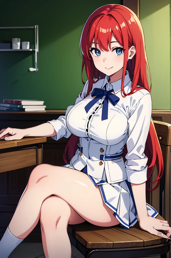 Highest quality, White skin, Ultra-high resolution, 8K, One Girl, slim, (Gentle, goddess-like eyes) ,classroom、uniform、skirt,Smile、Redhead、Shortcuts、cute、Sit on a chair、Large breasts,