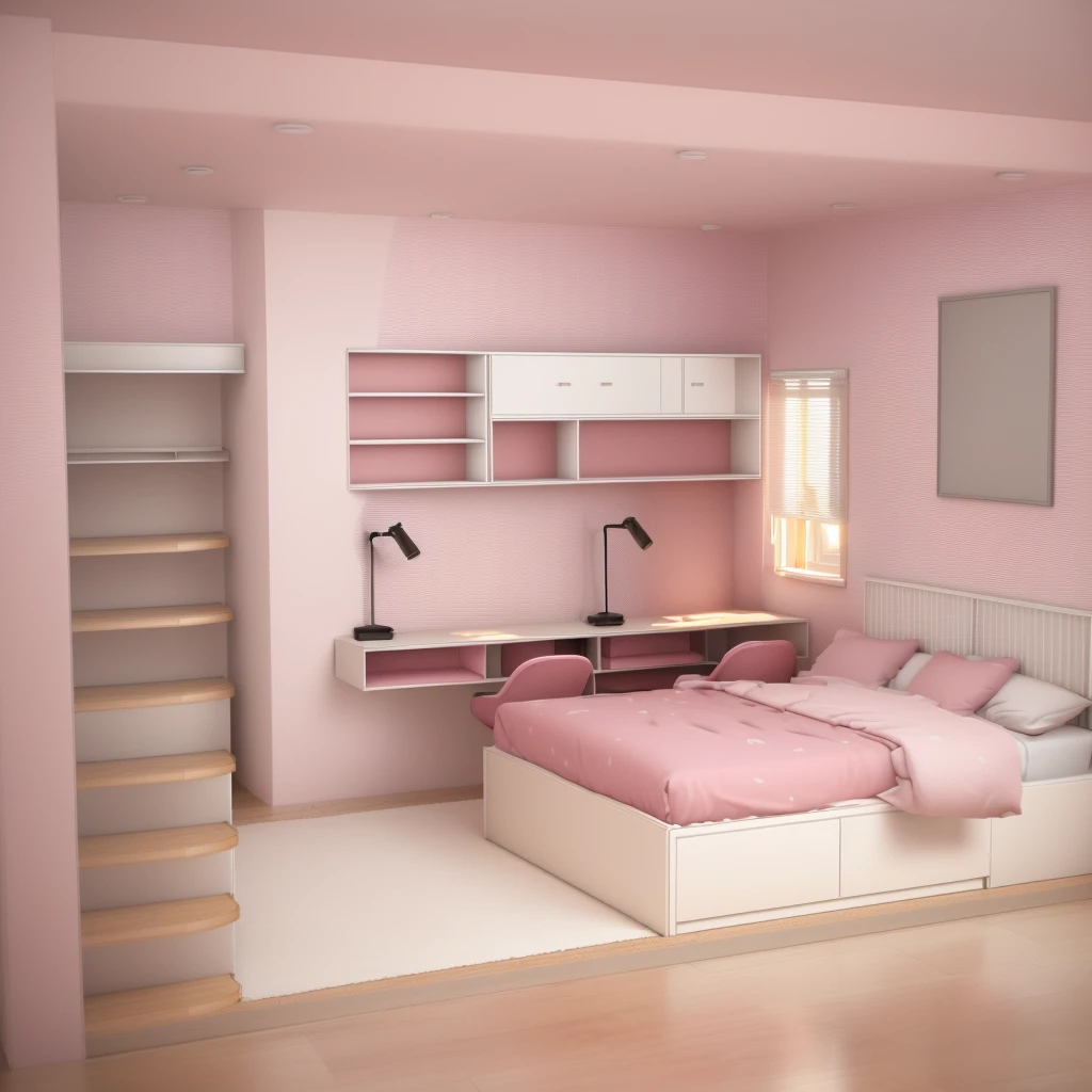 there is a drawing of a bedroom with a bed and a desk, inside of a bedroom, bed room, bedroom interior, in style of 3d render, small bedroom, vue 3d render, bed on the right, 3 d perspective, 3d rendering, 3 d rendering, interior of a small room, pink scheme, perspective view, an interior of room