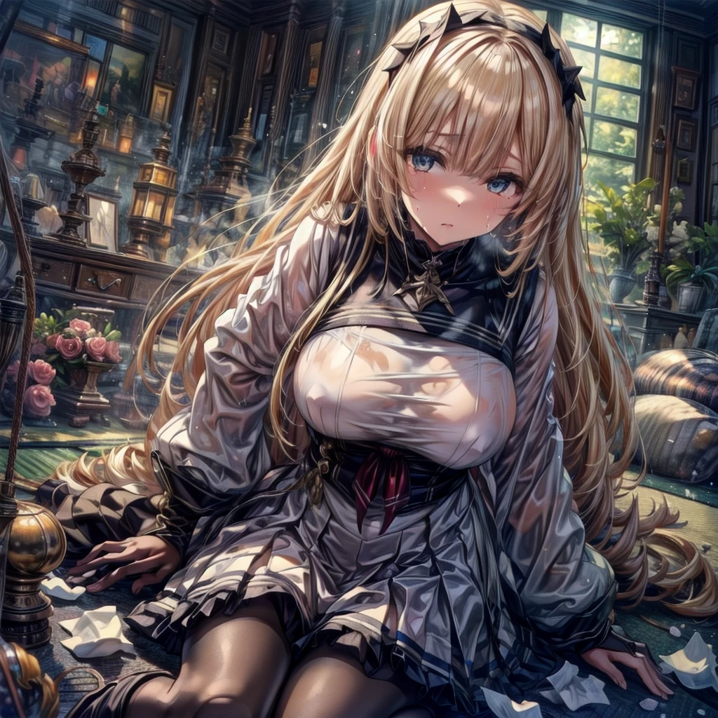 Very detailed顔, Perfect lighting, Extremely detailed CG, (Perfect hands, Perfect Anatomy),Very detailed, sunset Orange Room, Cream-colored tissue paper scattered dirty, A yellowed futon laid out on a tatami mat A lot of cream-colored tissue paper is scattered on the tatami mat., Garbage is scattered everywhere, Very dirty room, Very dirty tatami sheets with yellowed stains here and there, A pile of crumpled, dirty cream-colored tissues lying on the ground, Excessive sweat on the face, cold sweat, Sweat dripping from the forehead, Tears dripping from the edges of the mouth, Sleeping in a dirty bed, A room full of messy garbage, Looking into the camera Embarrassed expression Big breasts that will tear your clothes Very large breasts Extremely distended breasts Huge breast swelling A cute long-sleeved sailor suit with lots of frills sewn on Thin frilled belly-length skirt high school student Illustration Style Anime Style Narrow-mouthed Small lips beautiful girl Very gorgeous and cute outfit Cheeks pink Long blonde hair super curly hair Super long sideburns Rubber clothing Cute Hairbands Very long hot pink silk skirt Wet and transparent pearl white pantyhose Ultra long white silk gloves that become transparent when wet Detailed embroidery Big eyes Droopy eyes Shocking Pink Rouge Sweating profusely Crushed tissue paper Extra long white leather boots Tight blue bloomers Hair is wet from rain Steam coming out of the whole body Steam like a sauna room fills the screen.. White breath from the mouth ゴミ箱からCrushed tissue paperが溢れている