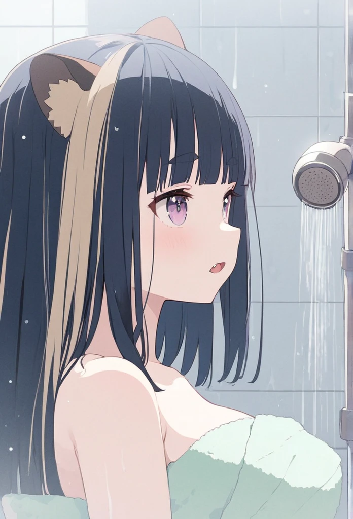 anime,(pale colors:1.8),long shot, 1girl, (on right:1.3), solo, cat mouth, taking shower, showerhead, in bath, wearing towel, looking up, from side, fang, blue hair, bobcut, straight hair, racoon ears, racoon tail, (brown streaked hair:1.3), (blunt bangs) ,thick eyebrows, big breast, shadow, 