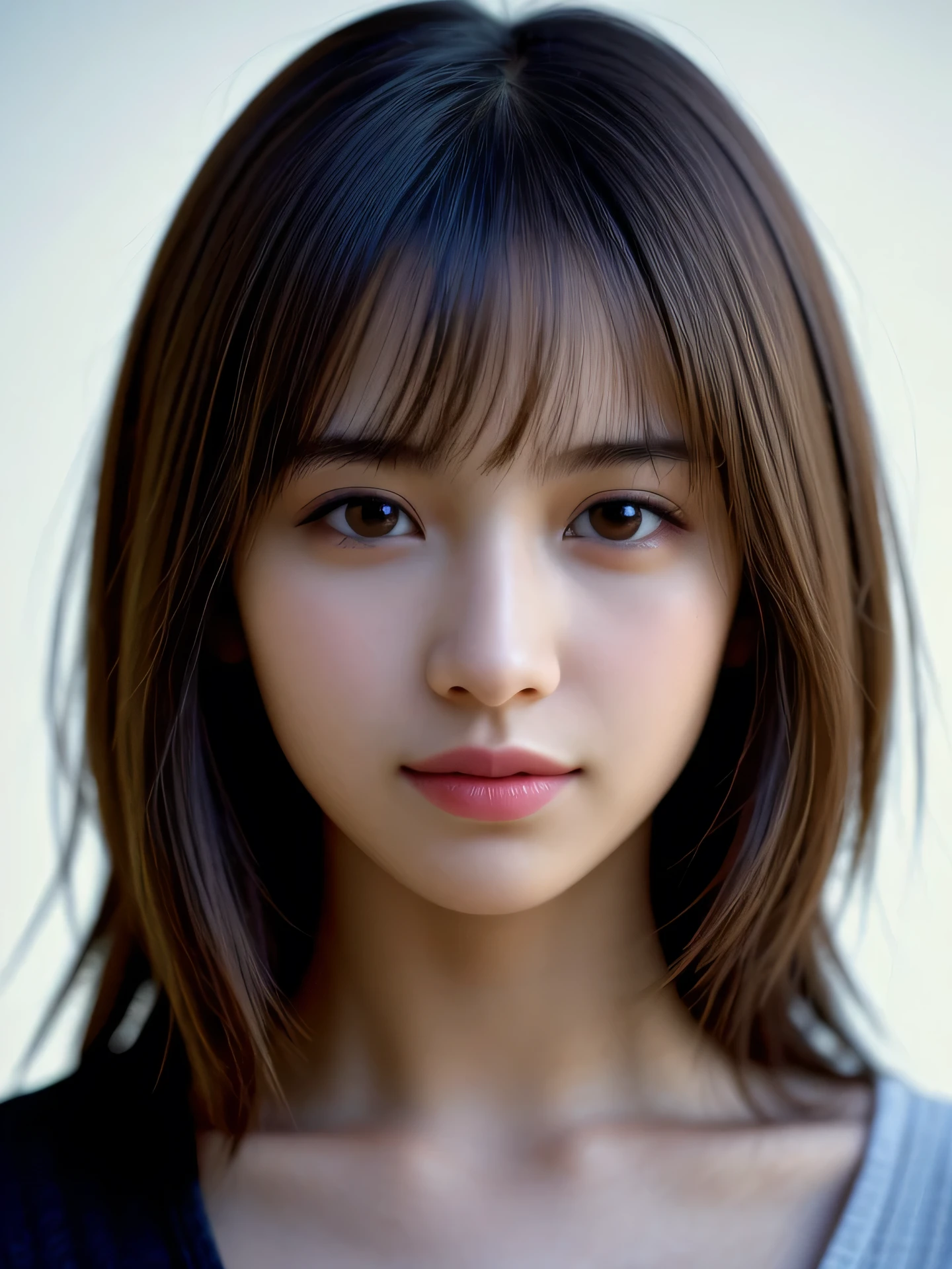 (Photo Real:1.4), (hyper realisitic:1.4), (Smooth lighting:1.05), 1 girl, melancholy, looking away, Close-up of the face, Soft lighting, Back lighting, (Finest Real Textured Skins), Super fine face, glowy skin, retinas, Anatomically correct, acurate, (medium Hair:1.1), bangs, Textured skin, High quality, high details, Best Quality, High resolution,