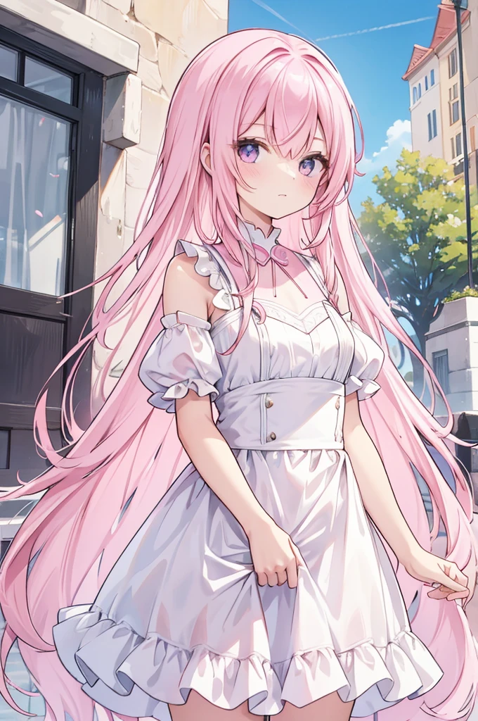 Alcanevi, A woman with long pink hair wearing a white sheer dress, Woman&#39;s face, Unreal Engine Character Art, Portraiture((Toddler girl))　((5 ))((naked))　((nsfw))Cherry blossom tree background、She lifts the skirt of her white open-chested mini dress to reveal her crotch.、The shirt shows through and the chest is visible