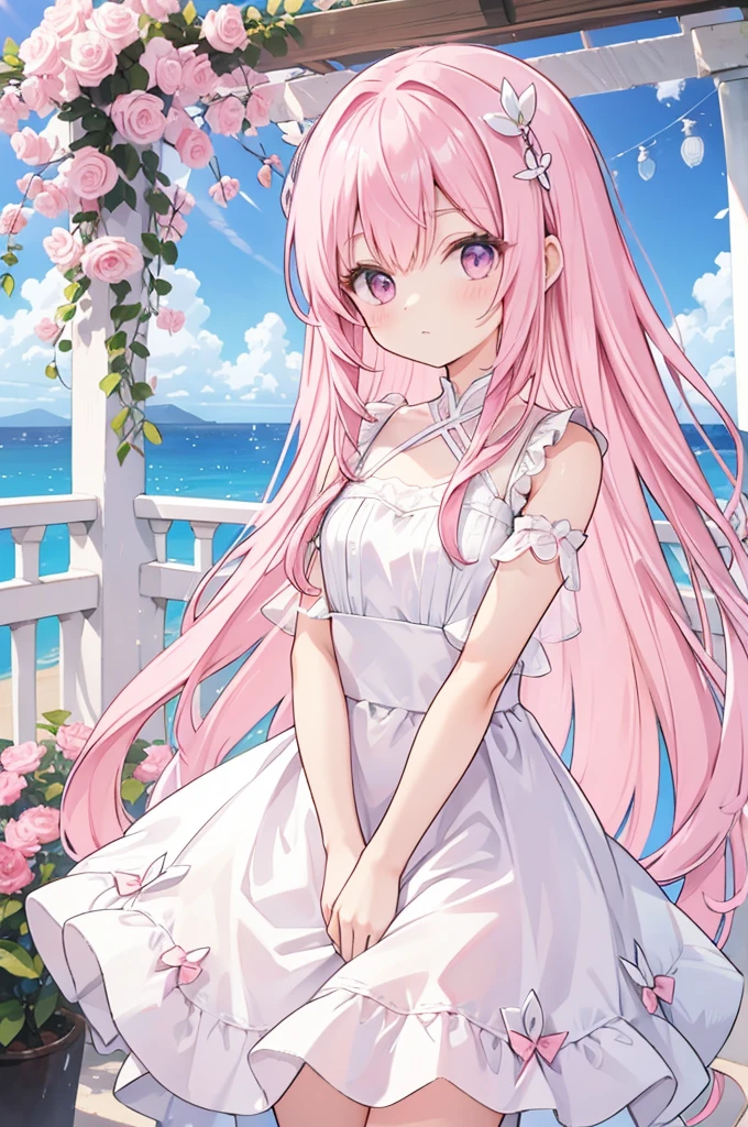 Alcanevi, A woman with long pink hair wearing a white sheer dress, Woman's face, Unreal Engine Character Art, Portraiture((Toddler girl)) ((5 years old))((naked)) ((nsfw))Cherry blossom tree background、She lifts the skirt of her white open-chested mini dress to reveal her crotch.、The shirt shows through and the chest is visible