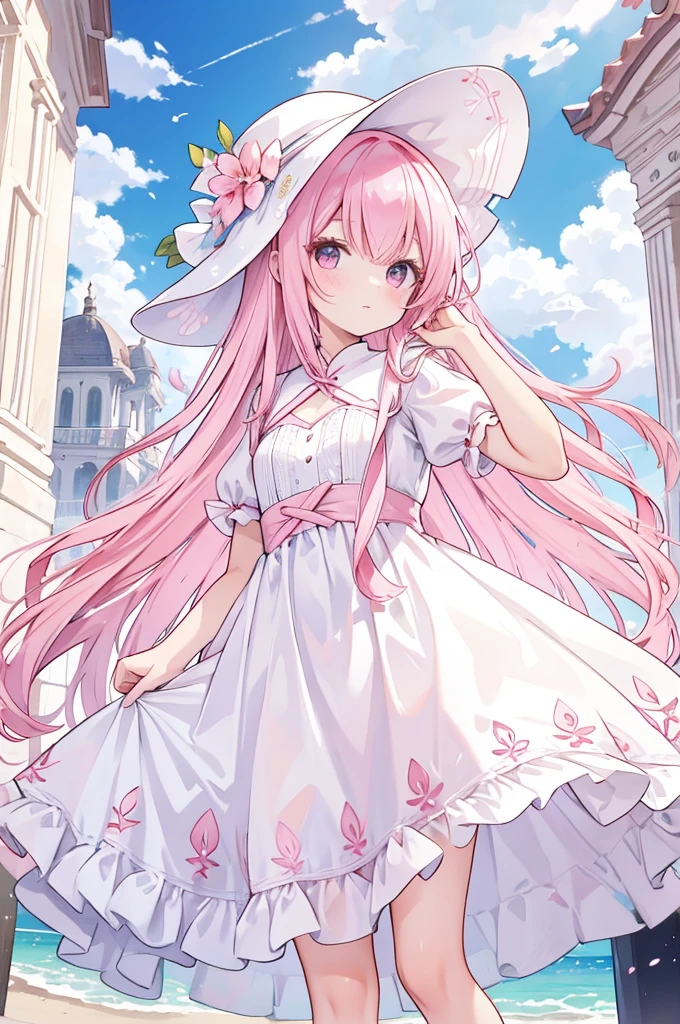 Alcanevi, A woman with long pink hair wearing a white sheer dress, Woman's face, Unreal Engine Character Art, Portraiture((Toddler girl)) ((5 ))((naked)) ((nsfw))Cherry blossom tree background、She lifts the skirt of her white open-chested mini dress to reveal her crotch.、The shirt shows through and the chest is visible