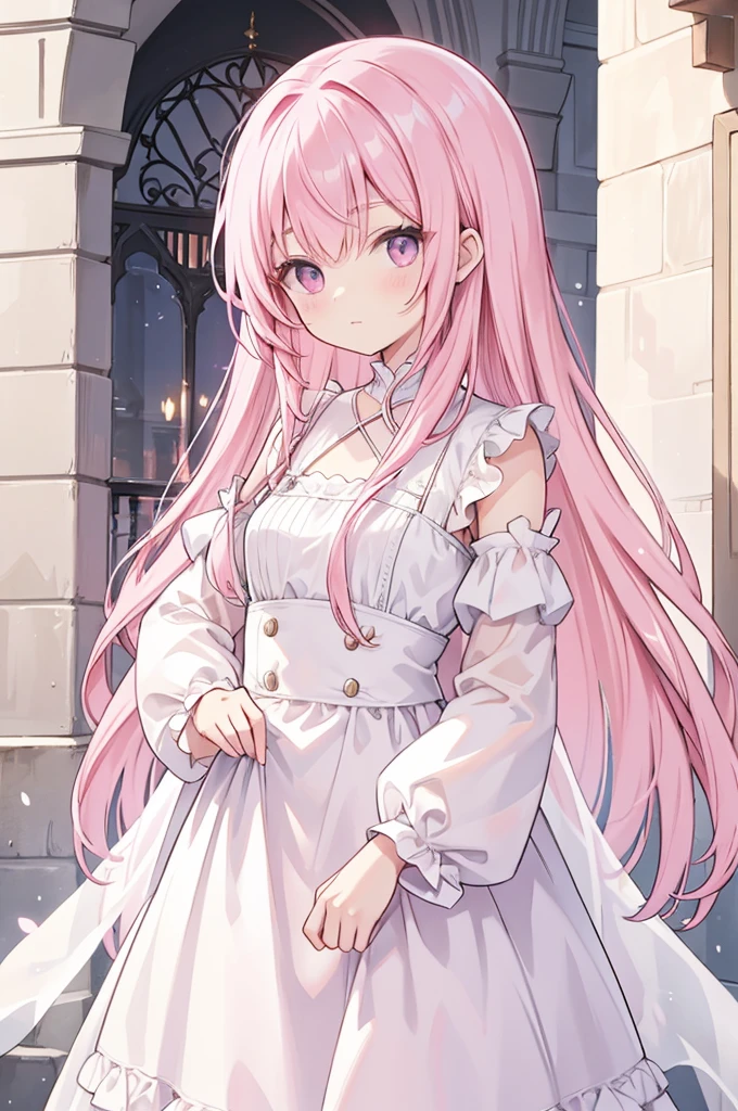 Alcanevi, A woman with long pink hair wearing a white sheer dress, Woman's face, Unreal Engine Character Art, Portraiture((Toddler girl)) ((5 ))((naked)) ((nsfw))Cherry blossom tree background、She lifts the skirt of her white open-chested mini dress to reveal her crotch.、The shirt shows through and the chest is visible