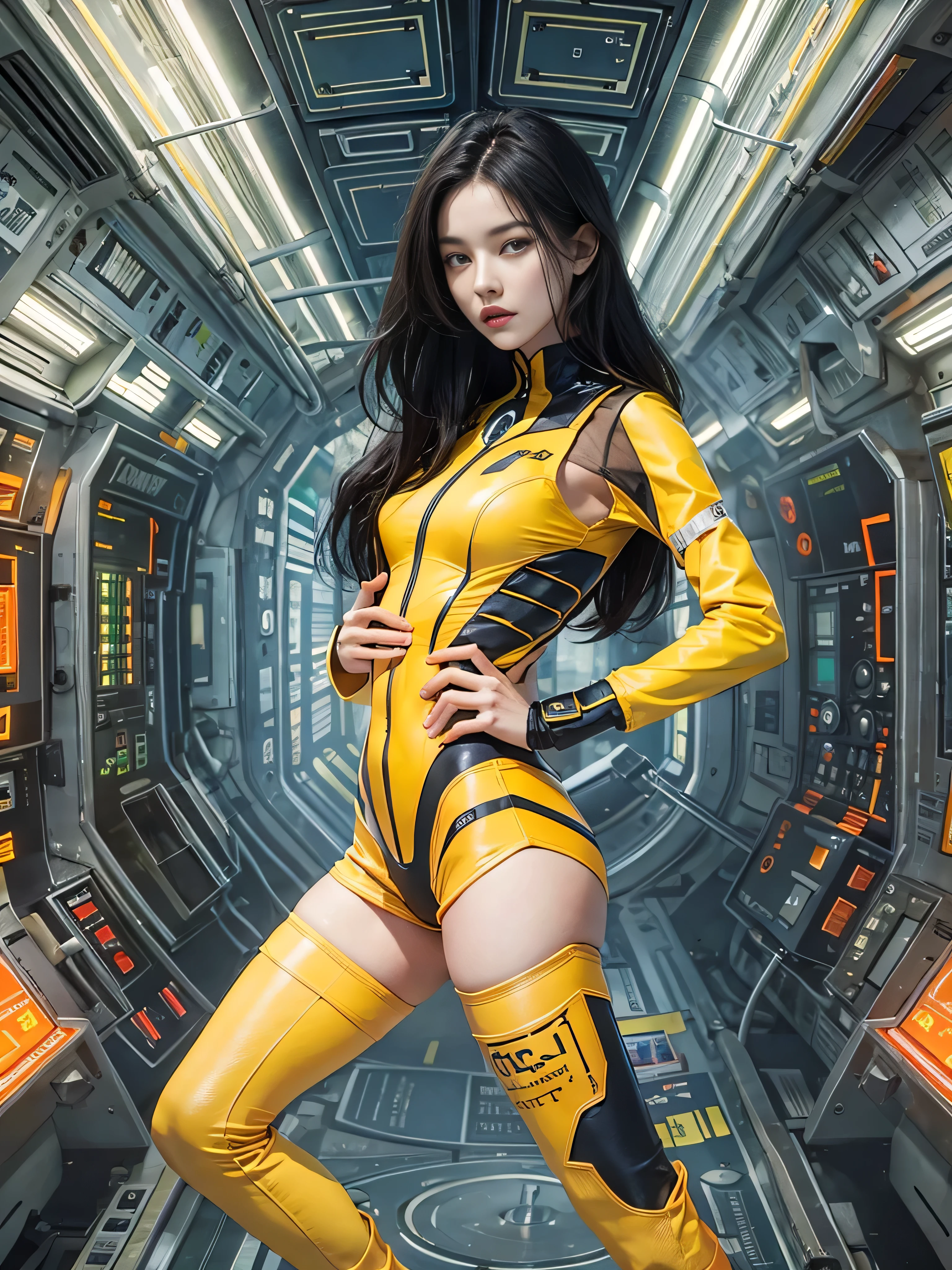 ((masterpiece:1.4)、(highest quality:1.4)、(realistic:1.7))、master piece:1.4、(Finest rendering:1.4)、(Yuki, the beautiful navigator of Space Battleship Hikari:1.4)、Super beautiful navigator Yuki、(Written by Luis Royo:1.4)、(A uniform that accentuates your beautiful figure:1.2)、(Futuristic sci-fi battle fashion:1.2)、(street style wear)、(tight fit pants)、(Luxurious shiny latex:1.4)、(Luxury yellow latex:1.4)、19 years old、(cute tattoo:1.4)、(wearing yellow gloves)、cute girl、Super beautiful、(seductive pose)、sharp focus、portrait photography:1.4、8k、realistic photo images:1.4、(perfect female body:1.4)、perfect proportions、(standing:1.4)、(Upper body photography:1.4)、beautiful face、fearless look、beautiful eyes、(A girl with a beautiful body that emphasizes her slender abdominal muscles)、narrow waist:1.4、(9 life size beautiful style girl:1.4)、(Beautiful girl with long legs and good style:1.4)、beautiful feet、(long hair:1.2)、dark makeup、eye shadow、Glow Eye、glow lip、beautiful breasts、big breasts:1.2、sexy butt、(standing facing forward:1.4)、Raw photo、red lips、yellow high heels:1.4、choker:1.4、necklace:1.4、earrings:1.4、1 screen display、Space Battleship Hikari's bridge:1.2