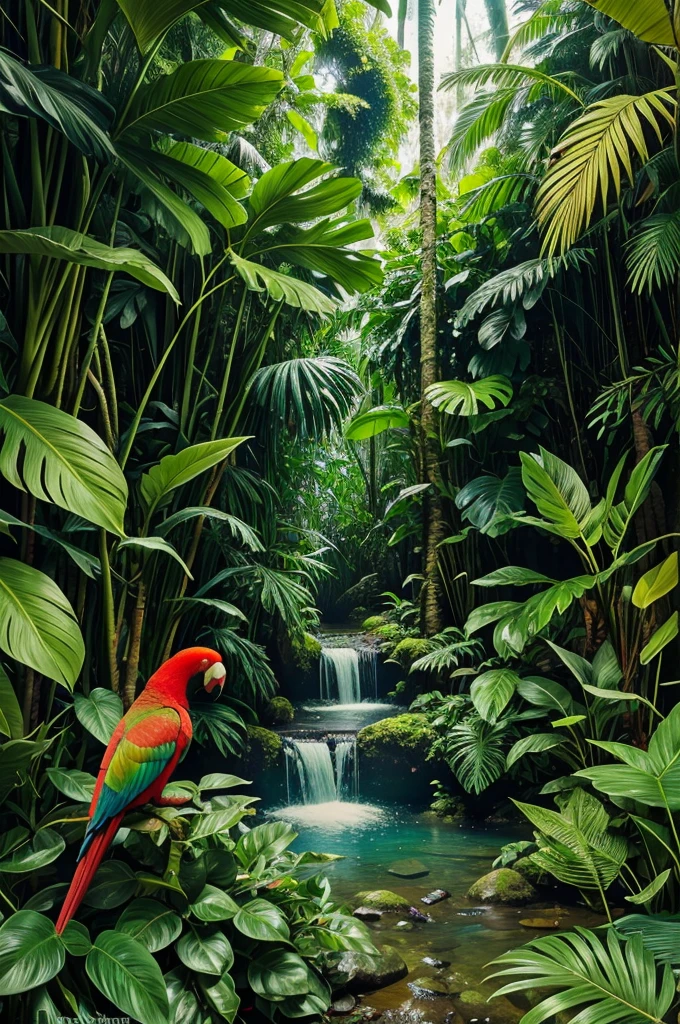 The image depicts a lush, vibrant jungle scene with various tropical plants and birds. At the center of the image, there is a large, stylized letter "RUPALI" that appears to be integrated into the jungle environment. The letter is surrounded by dense foliage, colorful parrots, and other elements of a tropical rainforest, creating a harmonious blend of nature and typography. The overall aesthetic is rich and detailed, with a focus on the natural beauty of the jungle