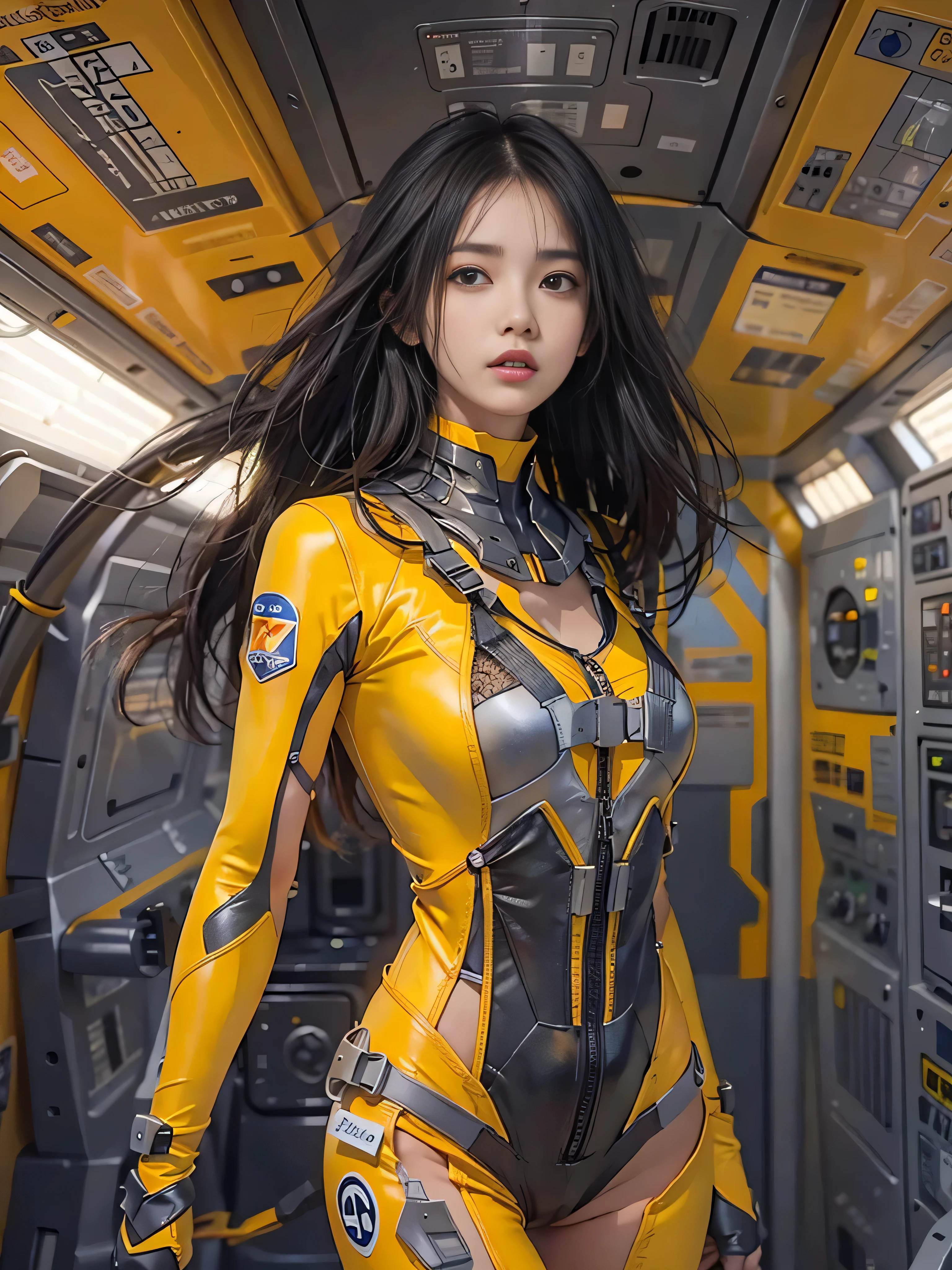(Raw quality:1.4), Beautiful slim and long legged woman、Beautiful and well-groomed face、Long black hair、Smooth legs、Well-balanced and slim body、Full Body Lesbian、no gravity、Changing into a tight-fitting yellow space suit、Cleavage, Black lace underwear, Inside the space station、mechanical、　White lighting
