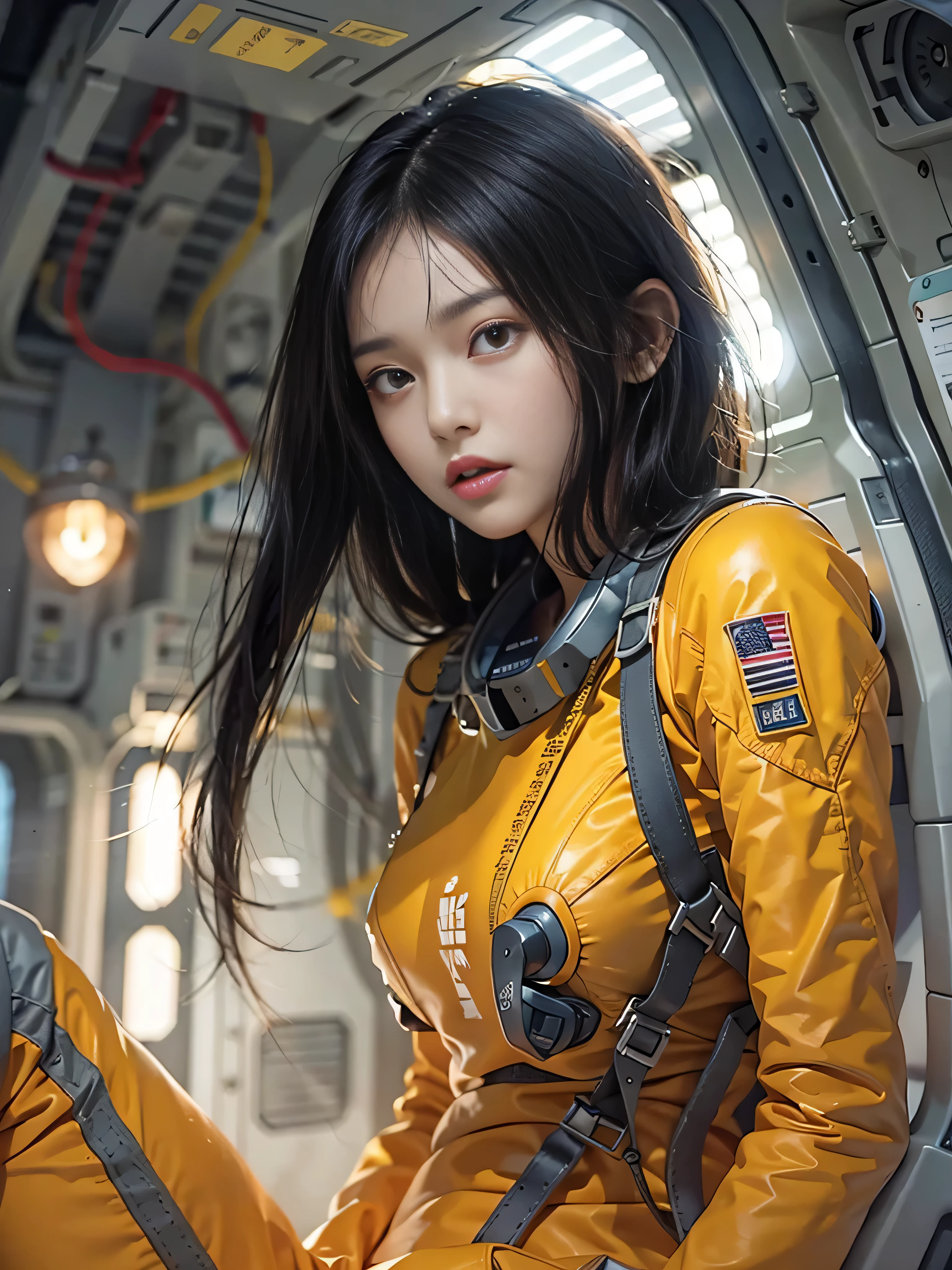 (Raw quality:1.4), Beautiful slim and long legged woman、Beautiful and well-groomed face、Long black hair、Smooth legs、Well-balanced and slim body、Full Body Lesbian、no gravity、Changing into a tight-fitting yellow space suit、Cleavage, Black lace underwear, Inside the space station、mechanical、 White lighting