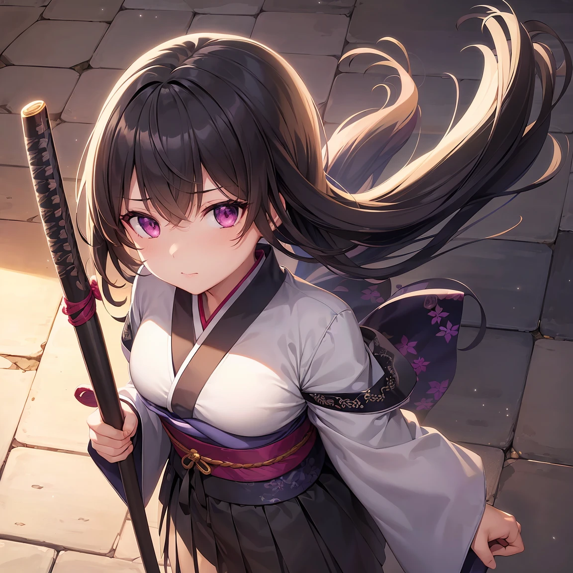 1girl, ahoge, simple background, black bow, black legwear, purple eyes, bow closed mouth, black hairband, haori highres, holding katana, japanese clothes, white kimono long sleeves, short black skirt, looking at viewer, white hair sash, short hair, short kimono, solo standing, full body, thigh-highs wide sleeves, high detail, detailed eyes, hdr, 8k, ultra realistic, nsfw, (beautiful detailed eyes), (detailedlight), ((intricate detail)), (highres), ((illustration)), (((masterpiece))), ((best quality)), (high resolution)