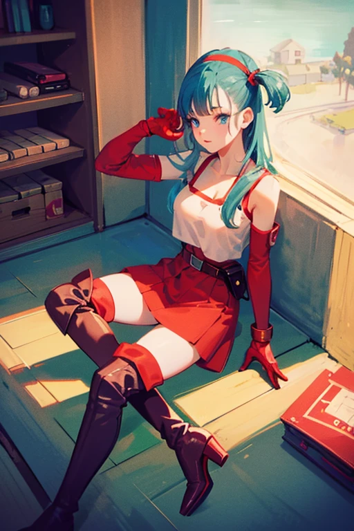 Masterpiece, high quality, absurdities, high resolution, bulla, 1 girl, Alone, wide, Straight hair, blunt bangs, aquamarine hair, Blue eyes, eyelashes, red hair band, elbow gloves, red gloves, Gloves without fingers, red crop top, diaphragm, bare shoulders, belt, hoop earrings, bridal gauntlets, Red skirt, thigh high boots, red shoes, autophoto, From above, City, sunlight,
