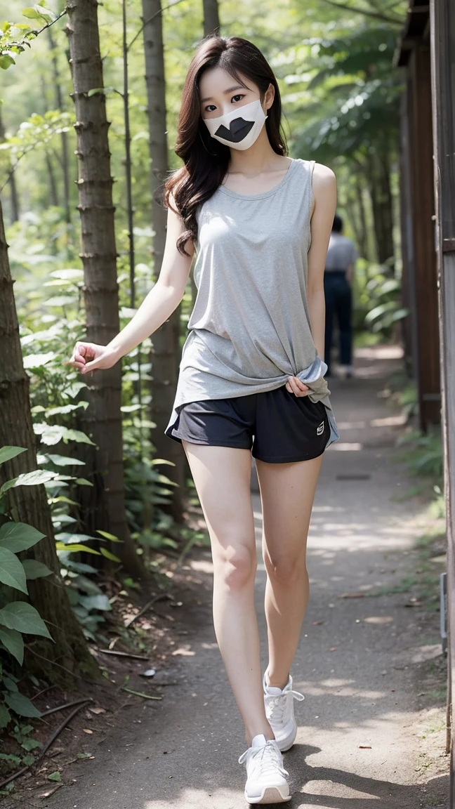 masterpiece, best quality, Surreal, Ultra Detailed, 8k resolution, RAW photos, Clear focus, (A girl in the forest), ((light gray shirt:1.1)), sleeveless, sports Shorts,Full body posture, Solitary, Perfect body, Become a, 32 inches in the chest,(a charming smile:1), (sexy pose),26 years old, light,White shoes