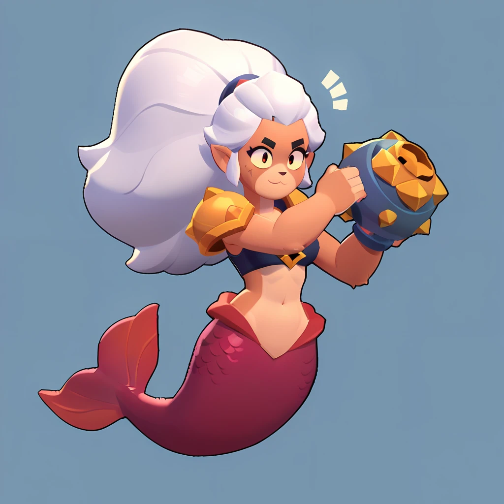 full body view of a furry mermaid, furry animal, female, long hair, red and white color, having steel shoulder pads, brawl, brawl stars 